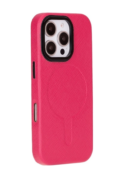 Apple Uyumlu iPhone 16 Pro Max , Hakiki Deri, El Yapımı Kılıf, Pembe Siyah