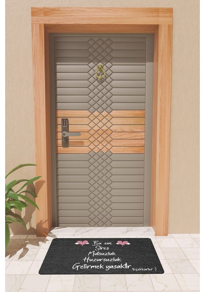 Rugmood Modern Dijtal Baskı Siyah Bu Eve Stres Mutsuzluk Yasak Kapı Önü Paspası