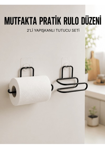 2 Li Siyah Metal Rulo Kağıt Tutucu Yapışkanlı Banyo Ve Mutfak Kağ Çok Renkli