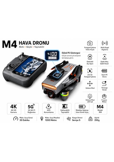 M4 Hava Dronu Dijital Şarj Göstergeli Kafasız Mod Yörüngede Uçuş Tek Tuş İniş Kalkış Fırçasız Motor Sabit Uçuş Akıllı 360 Derece Engel Algılama Ekranlı 4.3 İnç Kumanda
