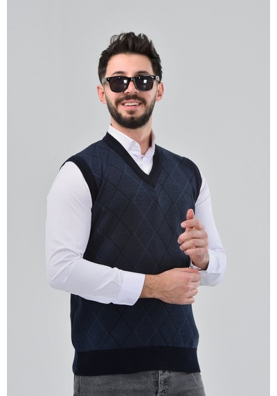Kzc Tekstil Erkek Baba Ve Orta Yaş Baklava Çizgi Desenli Akrilik Kalın Dokulu V Yaka Triko Süveter Lacivert-mavi
