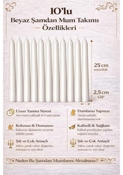 Beyaz Renk İnce Şamdan Mum Seti Varaklı, 25 Cm Uzunluk, 10 Lu Paket, Dekoratif Taper, Şık Masa, Davet Ve Özel Gün Dekorasyonu İçin 50 x 22