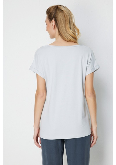 On Kadın Omuzları Taşlı V Yaka Pamuklu T-shirt 71415 Gri
