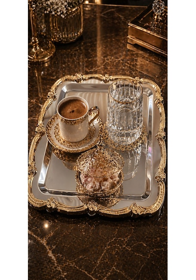 2'li Paslanmaz Çelik Gümüş Üzeri Gold Gül Figürlü Sunum Tepsisi Tek Kişilik Dekoratif Kare Servis Kahve Çay Tepsisi Altın - Gümüş 2'li Paslanmaz Çelik Gümüş Üzeri Gold Gül Figürlü Sunum Tepsisi Tek Kişilik Dekoratif Kare Servis Kahve Çay Tepsisi Altın - Gümüş