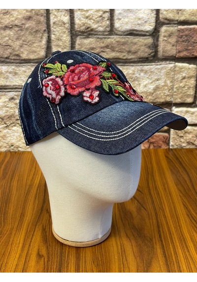 Hamze Jean Kot Denim İndigo Kumaş Taşlı Gül Desenli Beyzbol Cap Şapka Koyu İndigo