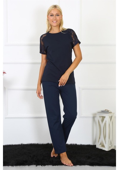 Akbeniz Kadın Kolu Dantelli Penye Pijama Takım 4150 - M Lacivert