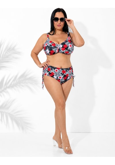 Büyük Beden Kırmızı Çiçek Desenli Tül Detaylı Kapsız Telli Yüksek Bel Kadın Bikini Takım Büyük Beden Kırmızı Çiçek Desenli Tül Detaylı Kapsız Telli Yüksek Bel Kadın Bikini Takım