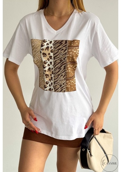 Cassime Kadın Leopar Desenli %100 Pamuk Büyük Beden Beyaz T-shirt