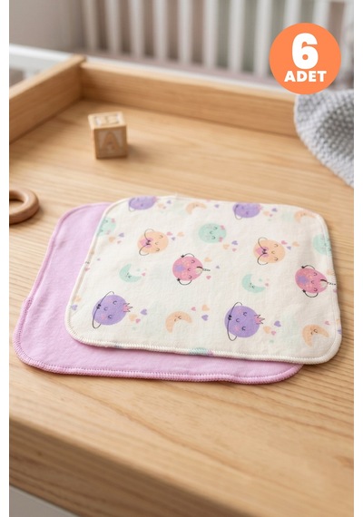 Just Inner Kız Bebek 6'lı Pamuklu Ağız Mendili Ayışığı Desenli Kutulu Set Nefes Alan Doku 684202 Lila