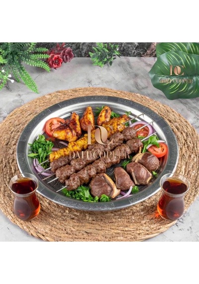 430 Kalite Krom Çelik Kulplu Tepsi 24 Cm Fırına Uygun, Osmanlı Motifli, Kebap & Restoran Sunum Tepsisi Gri
