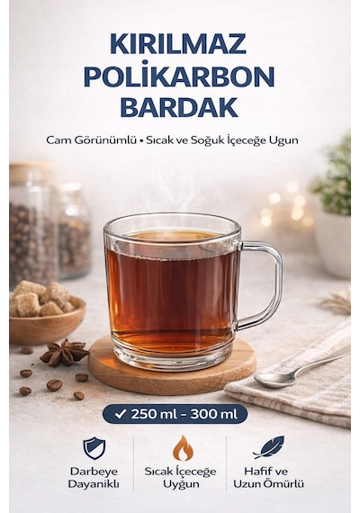 Polikarbon Kırılmaz Kulplu Bardak 300 Ml Cam Görünümlü Çay Kahve Bardağı Sıcak Soğuk Uyumlu Şeffaf