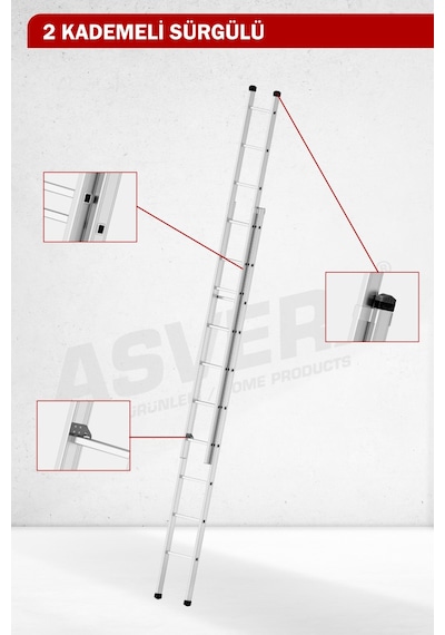Asvera Endüstriyel 6 Metre 2 Parçalı Alüminyum Merdiven - 1.4 Mm Sürgülü Profesyonel Merdiven