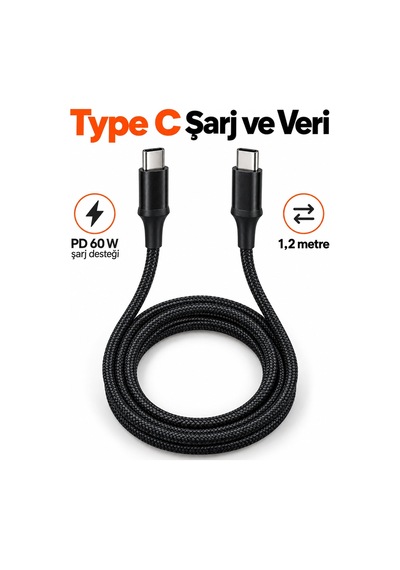Telefon Ve Tablet İçin Type C To Type C Örgülü Şarj Kablosu Siyah
