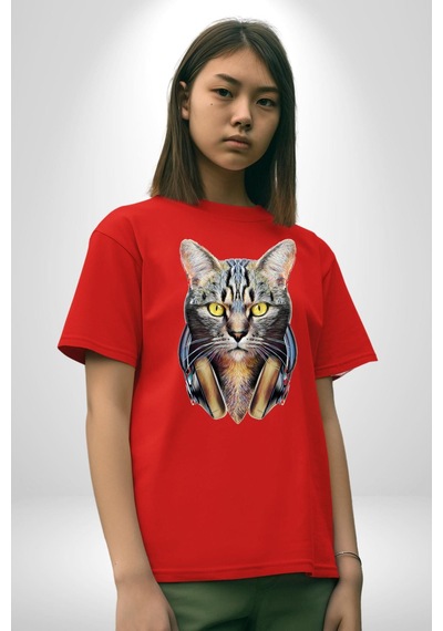 Kulaklık Kedi Pamuklu Bisiklet Yaka Unisex Oversize Boyfriend Dijital Baskılı Kırmızı T-shirt Kırmızı