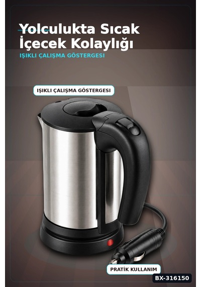 Oto Su Isıtıcı Kettle 12v Çakmaklık Girişli Paslanmaz Çelik Seyahat Tipi Bx-316150