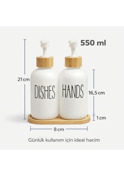 Bambu Stantlı Hands & Dishes 550 Ml Sıvı Sabunluk Seti, Mutfak Cam Sabunluk Beyaz