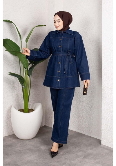 Misskayle Kuşaklı Düğmeli Denim Takım Rahat Kesim İkili Kombin Koyu Mavi Koyu