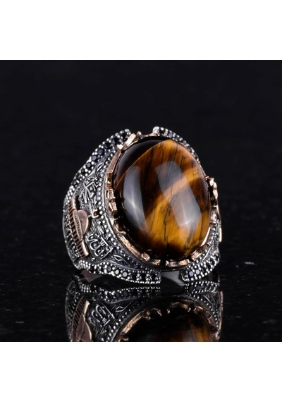Doğal Cabochon Kaplan Gözü Taşlı Yüzük, 925k Sert Gümüş Erkek Yüzüğü, Cesur Tasarım Gümüş