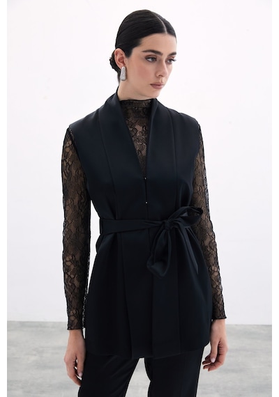 Sateen Kuşaklı Saten Yelek - Siyah-135849 Siyah