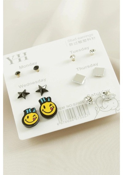 12 Adet Emoji Metal Taşlı Küpe Gümüş Rengi