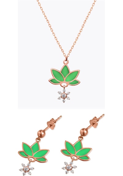 Papatya Silver 925 Ayar Gümüş Rose Kaplama Parlayan Rüya Serisi Tasarım Ebruli Yeşil Cam Boyalı Lotus Set