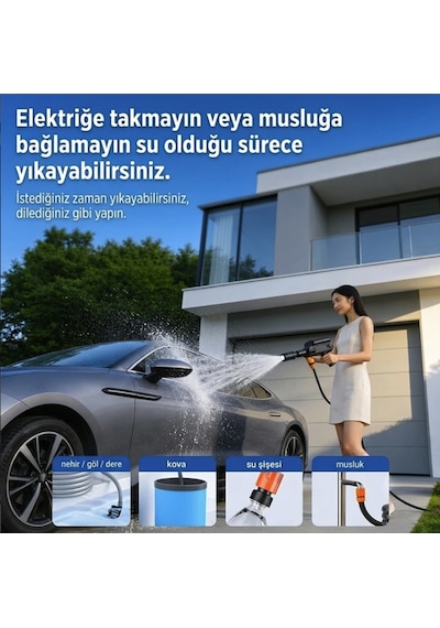 Şarjlı 60 Bar Basınçlı Araba Yıkama Temizleme Makinası Köpüklü Araba Yıkama 15 Metre Hortum Çantalı