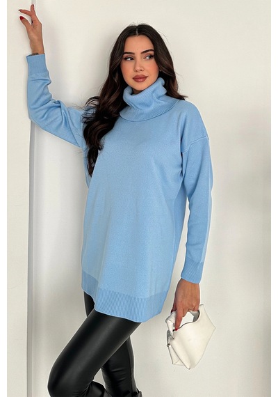 Asprin Fashion Degaje Yaka Triko Bluz Mavi + Hediye Kolye Mavi