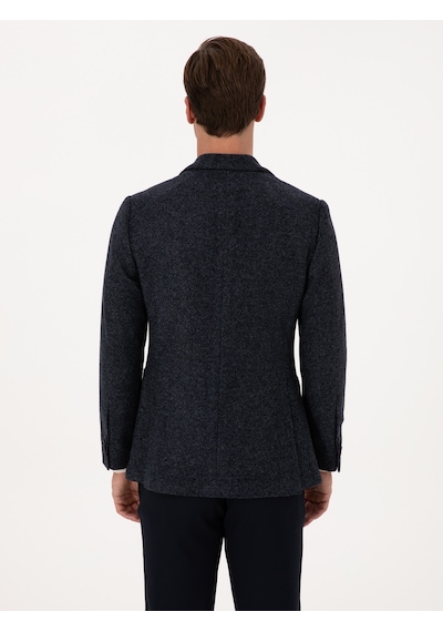 Cacharel Lacivert Slim Fit Yün Karışımlı Flanel Görünümlü Ceket