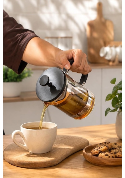 Smartpan Bv008 French Press Paslanmaz Çelik Süzgeçli Cam Bitki Çayı Demliği Kahve Presi - 800 Ml Siyah Diğer