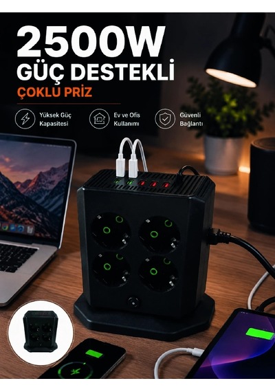 Mey İthalat Çoklu Priz 8 Çıkışlı 4 Usb 2 Type-c Anahtarlı Dikey Priz Kulesi