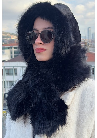 Mollycrush Kadın Suni Kürk Eşarp Atkı Şapka Kışlık Sıcak Tutan Soft Peluş Model Siyah
