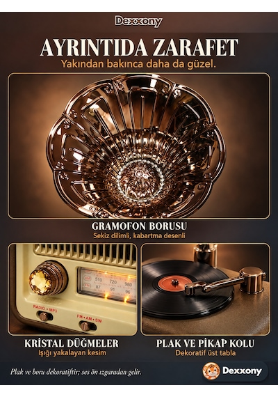 Dexxony Dx-2528 Kahverengi Nostaljik Radyo Retro Gramofon Büyük Boy Şarjlı Bluetooth Hoparlör Fm Usb