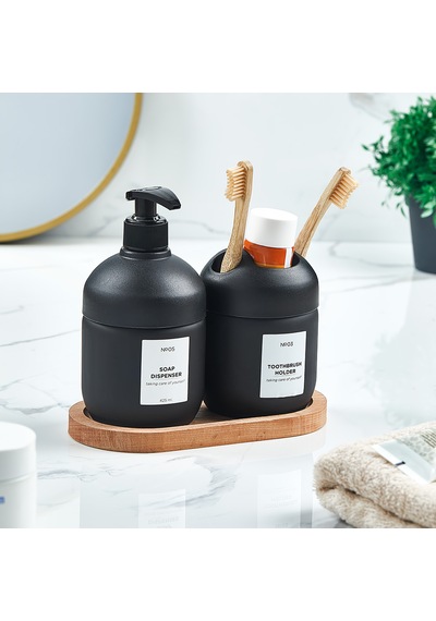 Lüks Ahşap Altlıklı Cam Set Cool Sabunluk- Banyo -mutfak Seti Siyah