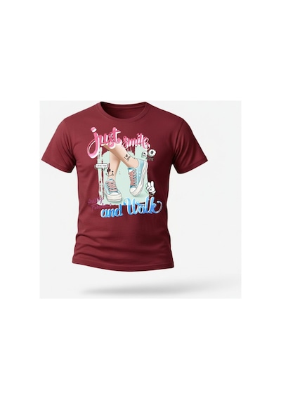 Urbantrendstore Just Smile And Walk Genç Kız Oversize Fit Rahat Geniş Salaş T-shirt Günlük Tişört Bordo