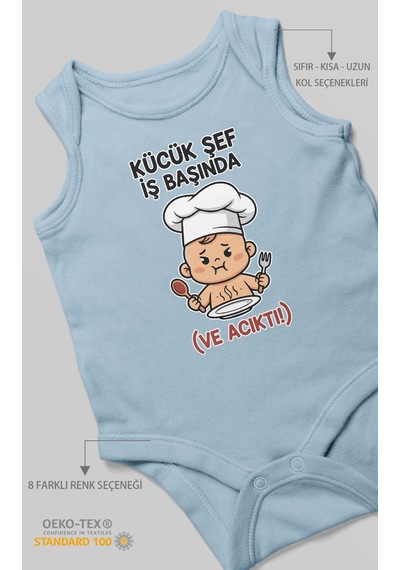 Küçük Şef İş Başında Ve Acıktı Baskılı Bebek Zıbını Çıtçıtlı Body 8 Renk %100 Pamuk Sıfır Kol Bebe Mavisi