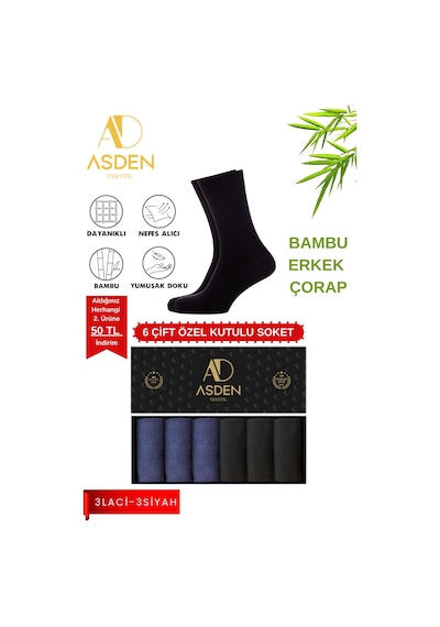 Asden Bambu Erkek Soket Çorap 3 Siyah 3 Lacivert Premium Kutu, Burun Dikişsiz, Yıkamalı