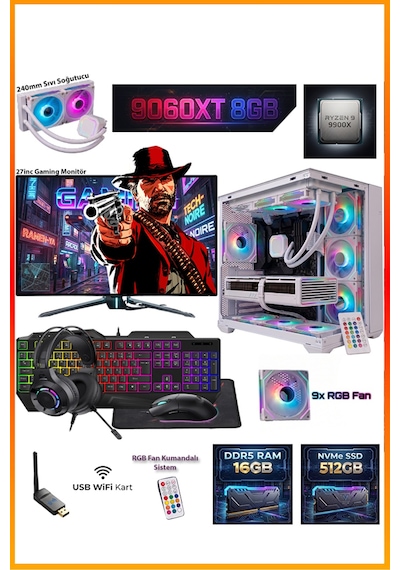Comloji CMLJ34 R9-9900X 16 GB 512 GB SSD RX9060XT 27" Free Dos Masaüstü Oyuncu Bilgisayarı