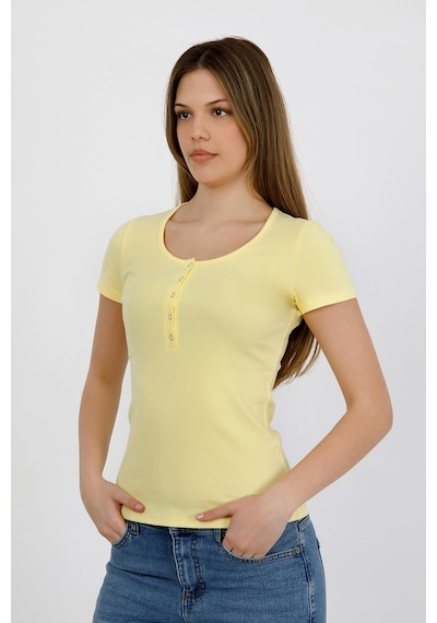 Hdm Kadın Esnek Fitilli Yakası Çıtçıtlı Sarı Kısa Kol Basic Örme Bluz - H5993 Hdm Kadın Esnek Fitilli Yakası Çıtçıtlı Sarı Kısa Kol Basic Örme Bluz - H5993