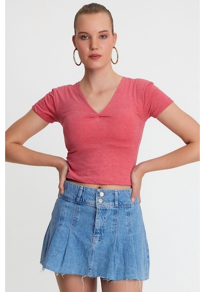Kadın V Yaka Basic T-shirt Nar Çiçeği