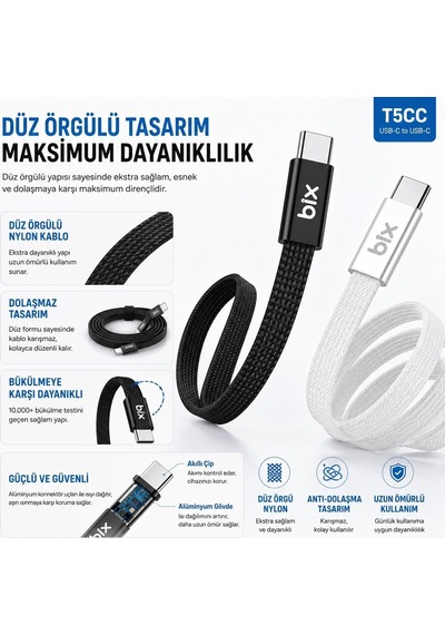 Bix T5cc-wt Beyaz 1 Metre 240w Type-c To Type-c Örgülü Hızlı Şarj Ve Data Kablosu, 480mbps 240w Type C Turbo Şarj Kablosu, Tüm Type C Telefon Ve Tabletlerle Uyumludur Max 48v 5a