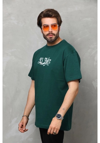 Bisiklet Yaka Baskılı Oversize T-shirt - Yeşil -
