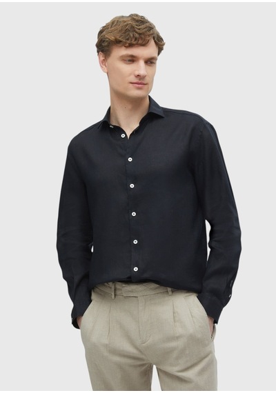 Ramsey Siyah Düz Casual Fit Uzun Dokuma Casual %100 Keten Gömlek