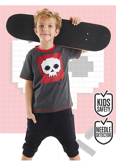 Denokids Skull Erkek Çocuk T-shirt Kapri Şort Takım