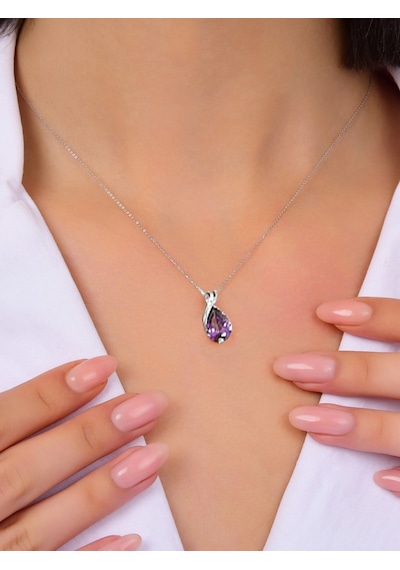 Brezza Lusso Jewelry Gümüş Mor Taşlı Su Damlası Kadın Kolye 45 CM