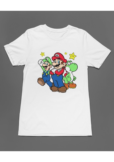 Bumeta Super Mario Game Lugi Yoshi Unisex Tişört T-shirt Beyaz