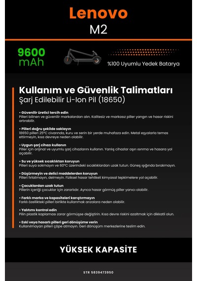 Lenovo M2 / 36v 9600mAh Elektrikli Scooter Bataryası