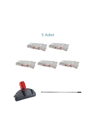 Sska Dar Yedek Islak Mop Takımı Islak Mop Beyaz 350 G 17 CM 5'li + Metal Sap + Mop Tutucu