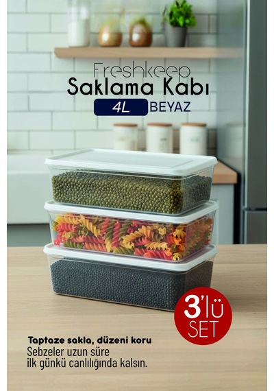 3'lü Saklama Kabı 4 Litre Derin Dondurucu Mikrodalga Uyumlu Ekru