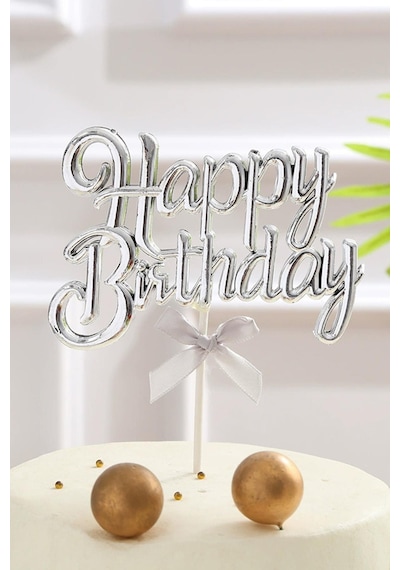 Gümüş Renk Happy Birthday Yazılı Pasta Süsü Tüm Yaşlar