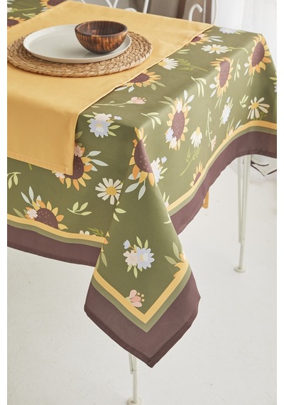 Ays Home Yeşil Ayçiçeği Desen Kumaş Yemek Masası Örtüsü Ve Sarı Runner.